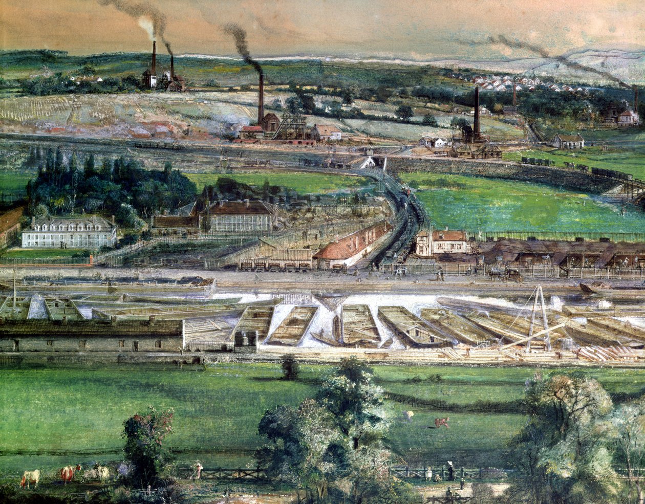 Blanzy kömür sahasındaki endüstriyel peyzaj, Saone-et-Loire, 157397 kağıt detayında c.1860 wc by Ignace Francois Bonhomme