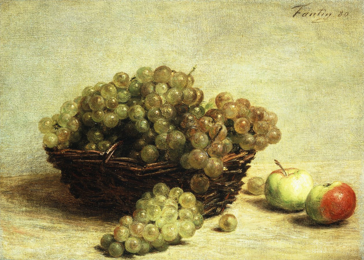 Natürmort, Bir Sepette Kuru Üzüm ve Elma; Doğa Morte, Kuru Üzüm ve Pomme d"Api, 1880 by Ignace Henri Jean Fantin Latour