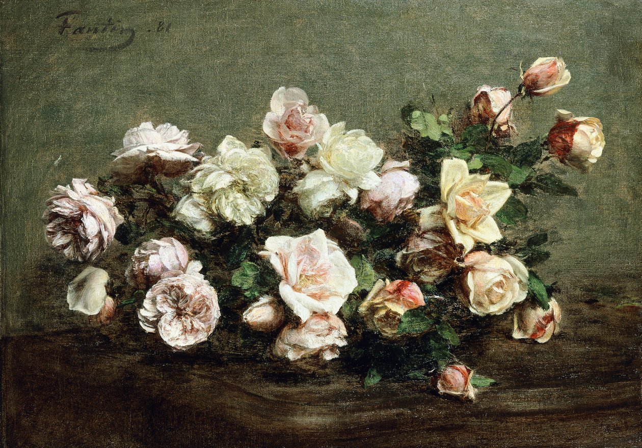Masada Beyaz Gül Vazoda; Vazoda Beyaz Güller ve Masada Güller, by Ignace Henri Jean Fantin Latour