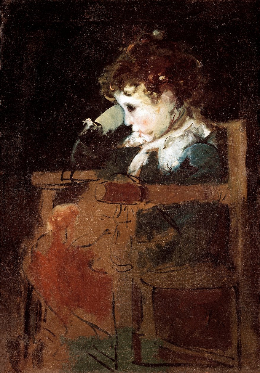 “Bir sandalyede tembellik eden küçük bir çocuk” (tuval üzerine yağlı boya) by Ignacio Pinazo Camarlech