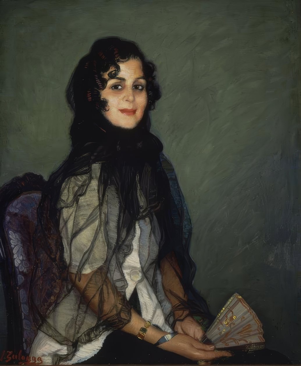 BEYAZ ANGUSTIAS SİYAH MANTİLA VE FANLI - XX YÜZYIL - O / L - 95X79CM by Ignacio Zuloaga y Zabaleta