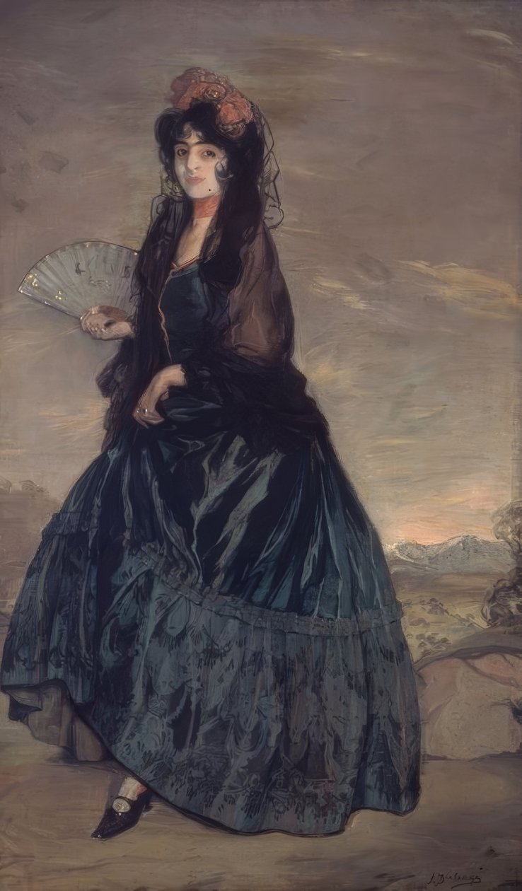 BATTANİYELİ, ÇİÇEKLİ VE VANÇLI KADIN - TUVAL YAĞI - 199 × 120,5 CM by Ignacio Zuloaga y Zabaleta
