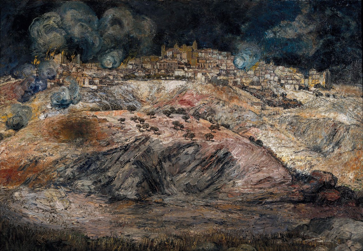 İspanya İç Savaşı(1936-1939): "Alevler içinde Telodo'nun görünümü" by Ignacio Zuloaga y Zabaleta