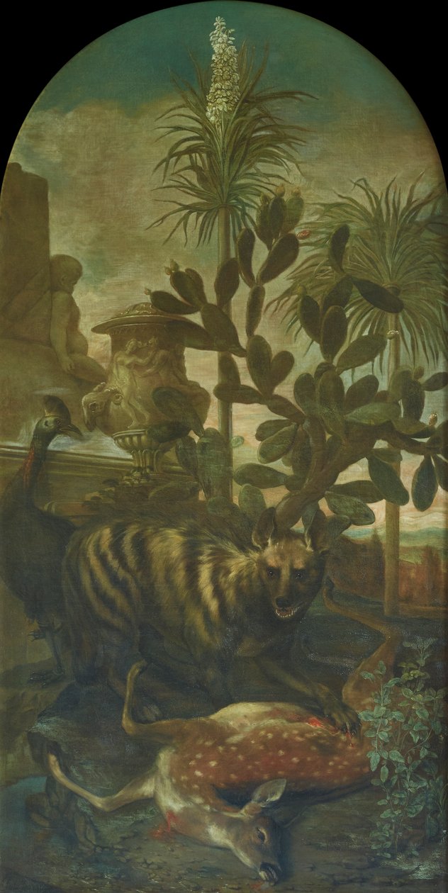 Bir kaktüs manzarasında sırtlan, antilop ve cassowary by Ignaz Heinitz von Heinzenthal