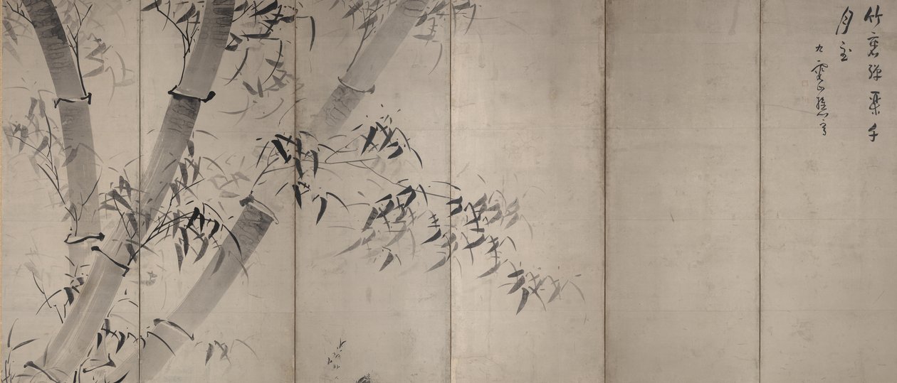 Ay Işığı Bambu, Altı panelli katlanır paravan, c.1758–60 (kağıt üzerine mürekkep) by Ike no Taiga