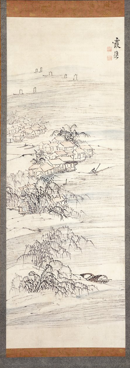 River Village And Fishing Pleasure (kağıt üzerine renkli ve mürekkepli) by Ike no Taiga