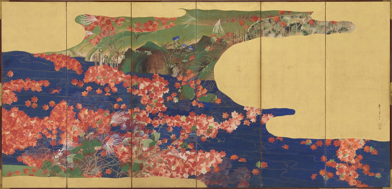 Bir akışta akçaağaç yaprakları, altı panelli ekran, Edo Dönemi, 1856-58 (yaldızlı kağıt üzerinde mürekkep ve renk) by Ikeda Koson