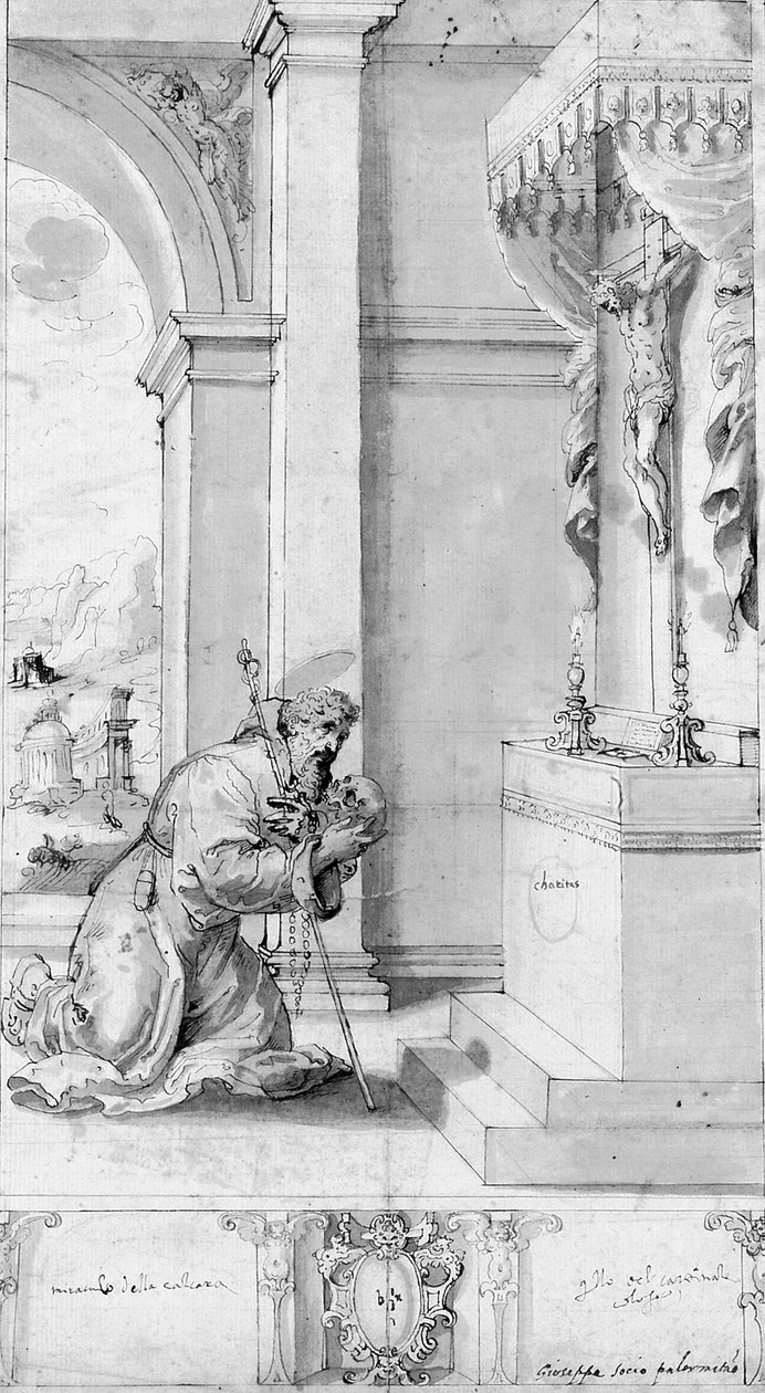 Haçlı bir sunağın önünde diz çökmüş bir aziz: törensel bir afiş için tasarım (tebeşir, kalem ve mürekkep ve kağıt üzerinde yıkama) by Il (c.1550 1611) Sozzo
