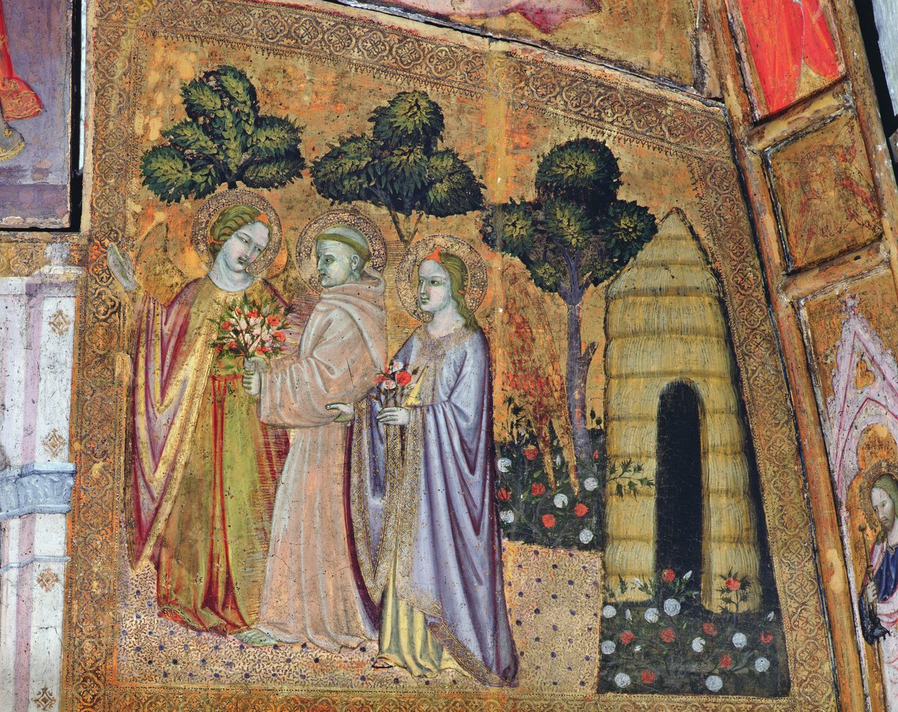 Aziz Francis İki Melek Eşliğinde, Porziuncola'dan fresk, 1393 by Ilario da Viterbo