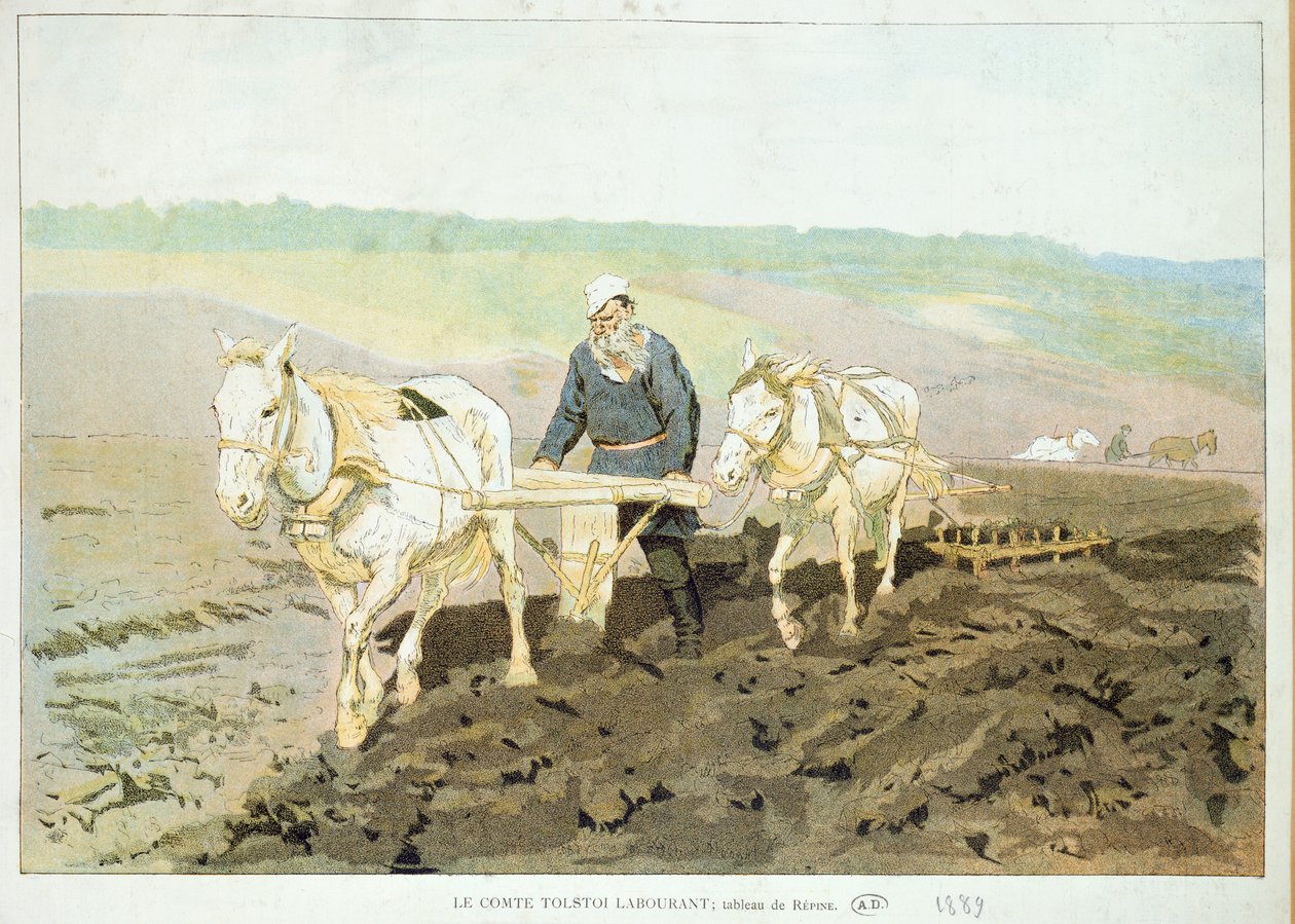 Yazar Lev Nikolaevich Tolstoy (1828-1910) atlarla çiftçilik yapıyor, 1889 by Ilya Efimovich Repin
