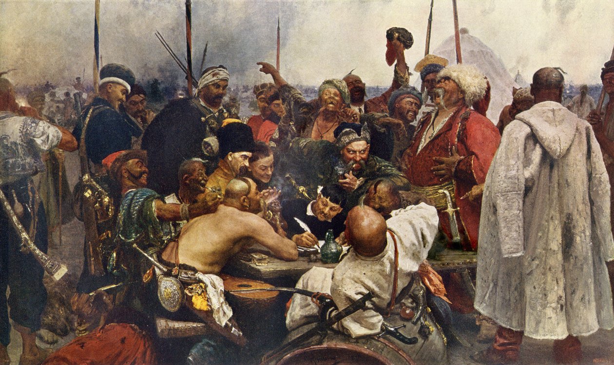 Zaporogues Kazaklarının Türkiye'den Sultan IV. Rus Kazakları Köstence Türk ordusuna nefret mesajı gönderiyor by Ilya Efimovich (after) Repin