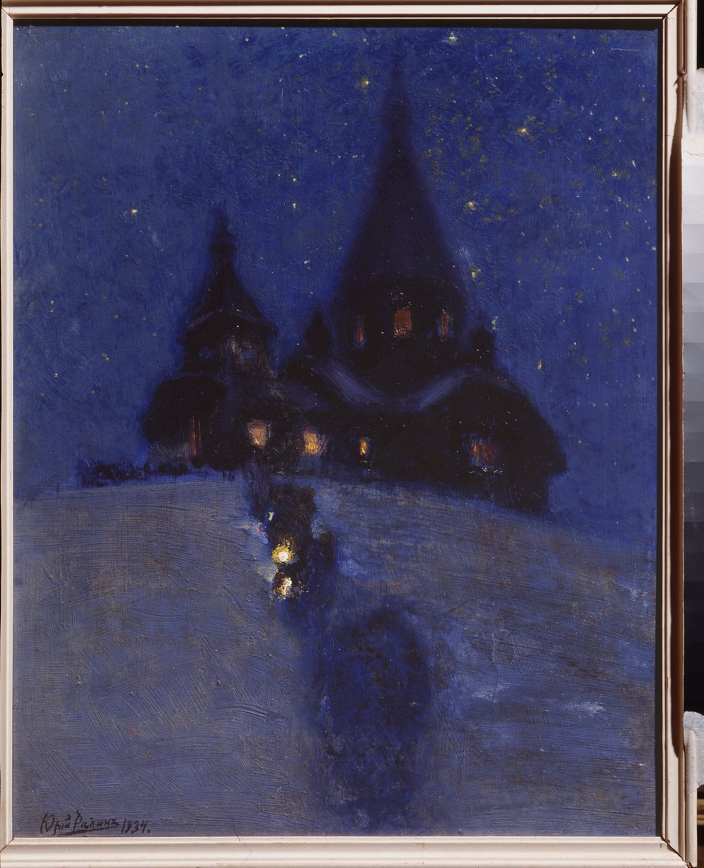 Noel gecesi Kuokkala'da (veya Repino, Rusya'da) kilise. Yuri İlyiç Repin (Youri Repin) (1877-1954), ahşap üzerine yağlı boya, 1910 civarı. Rus sanatı, 20. yüzyıl. I. Repin Memorial Museum Penates, Saint Petersburg. by Ilya Efimovich Repin