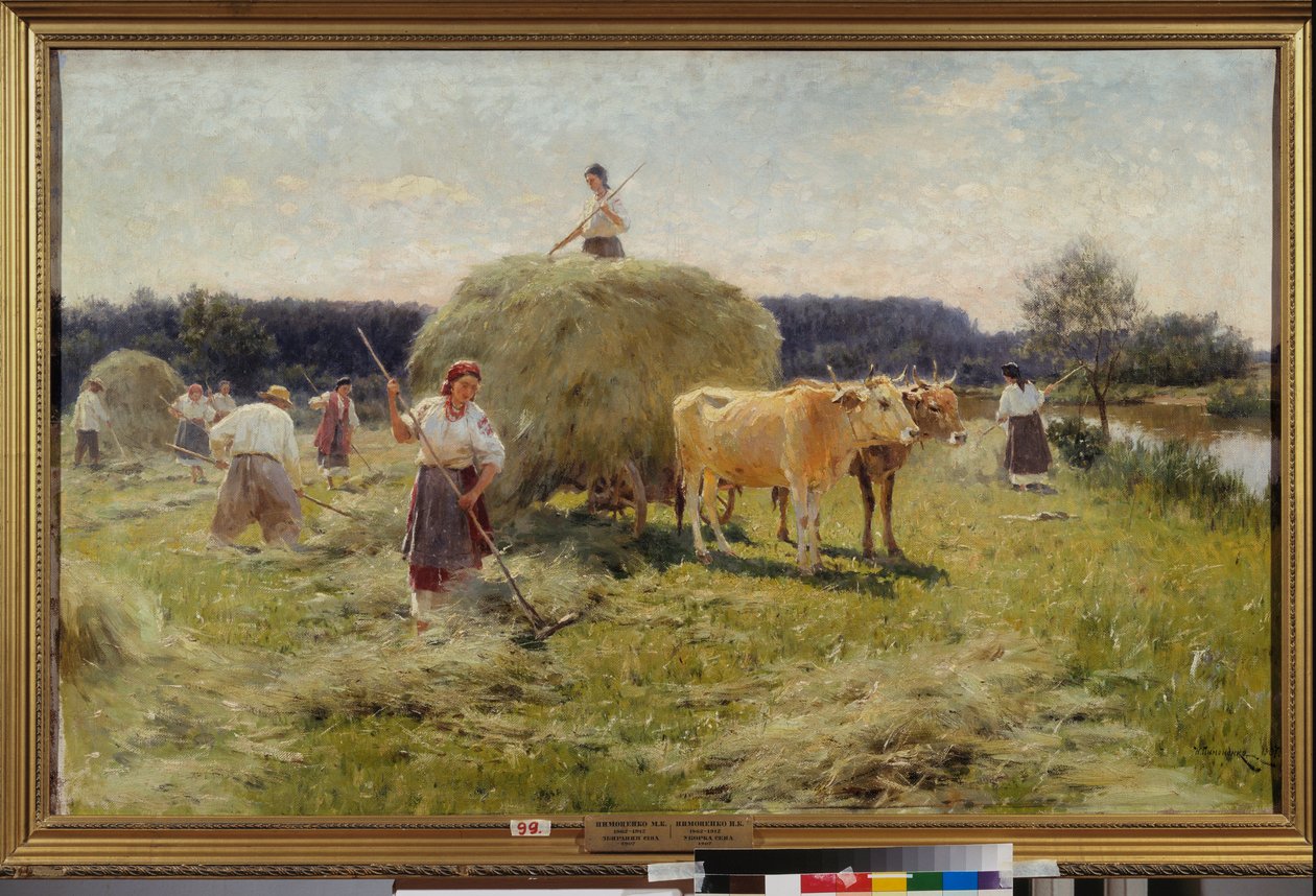 Saman yapımı (Yaz tarım sahnesi, bir öküz takımında saman toplayan köylüler) - Saman yapımı - Nikolai Kornilovich Pimonenko (1862-1912) tarafından yapılan boyama, tuval üzerine yağlıboya by Ilya Efimovich Repin