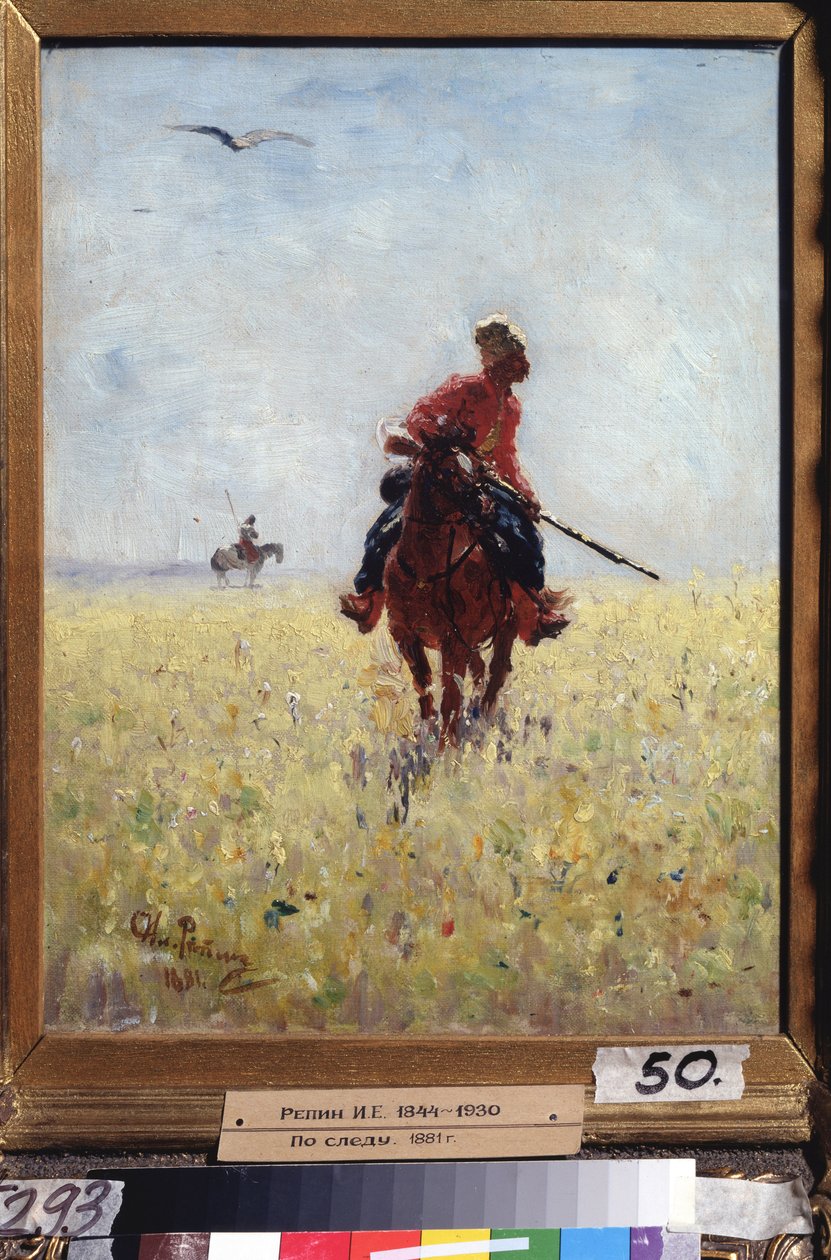 Tanıma kursu. (Zaporogue Kazak atlısı çiçekli bir ovada gözlem altında). Ilya Yefimovich Repin (Ilia Repin) (1844-1930) tarafından tablo, tuval üzerine yağlıboya by Ilya Efimovich Repin