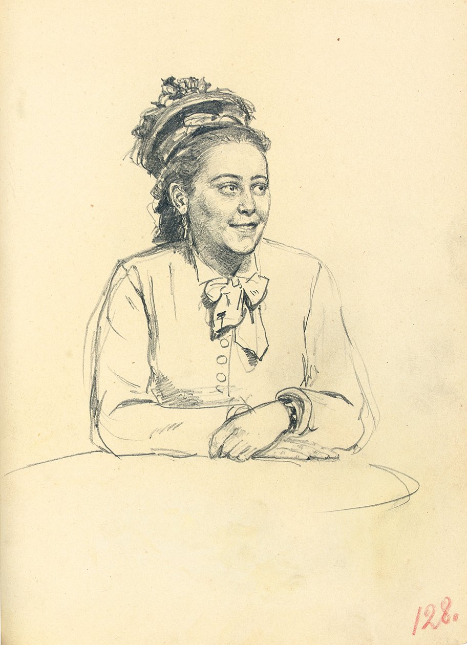 "Bir Parisli Kafe" Çalışması: Oturan Yaylı ve Elleri Katlanmış Kadın, c. 1872-1875 by Ilya Efimovich Repin