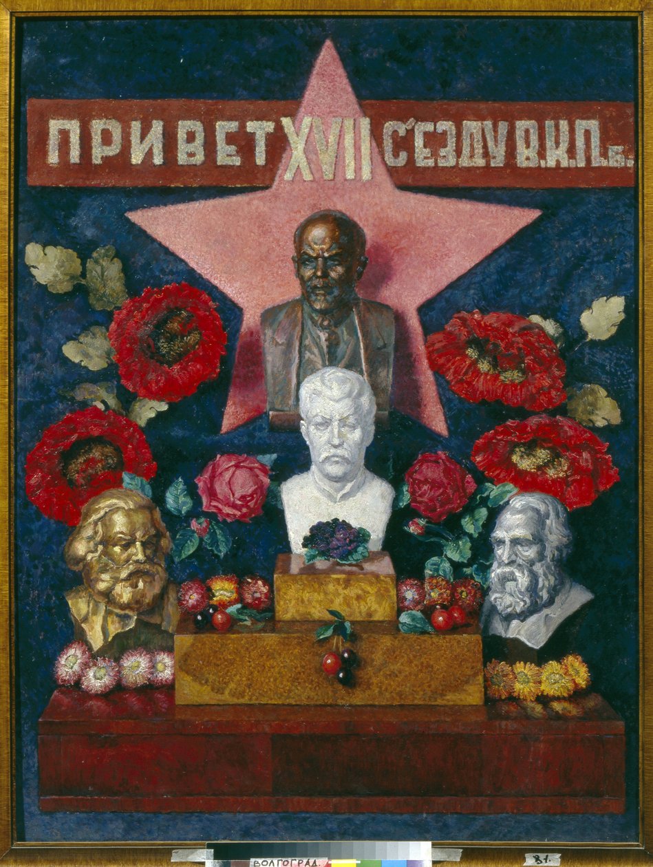 SBKP'nin 17. Kongresine hoş geldiniz. Komünist politikacıların ve düşünürlerin temsili: Lenin (1870-1924) olarak bilinen Vladimir İlyiç Ulyanov, Joseph Stalin (Stalin) (Josep by Ilya Ivanovich Mashkov