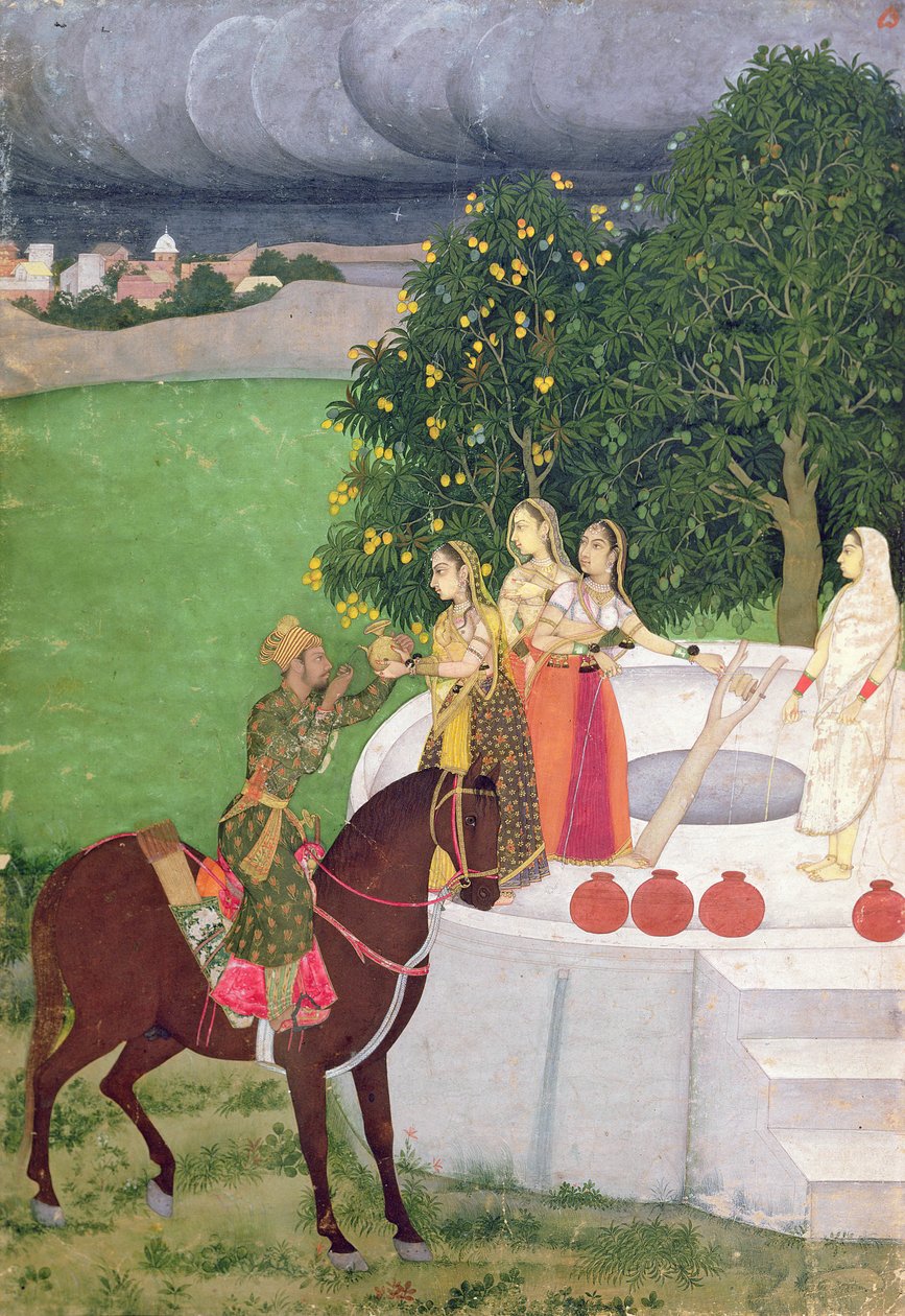 A Prince begging water from women at a well, Mughal, c.1720  by Indian School
