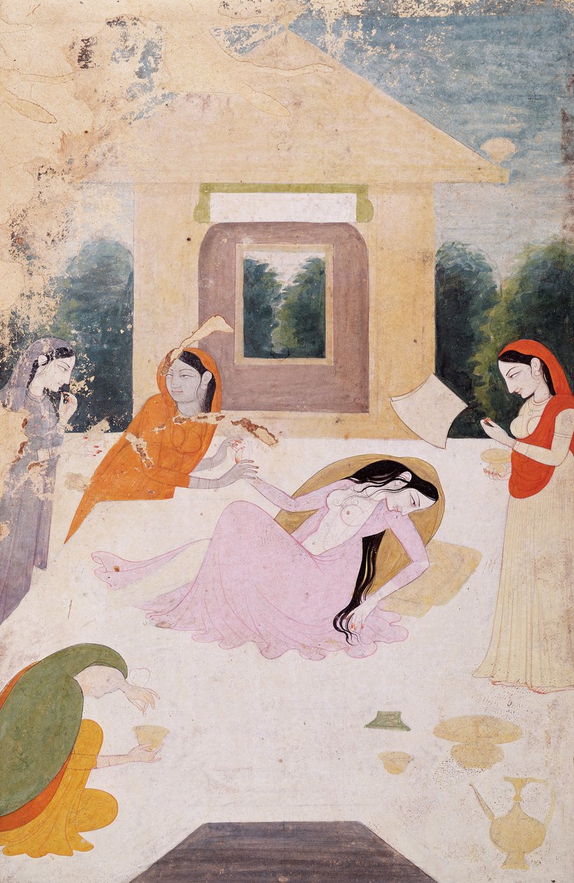 Terasta bir hanımefendi, sevgilisine duyduğu doyumsuz hasretle perişan halde, hizmetçileri onu teselli etmek için hiçbir şey yapamazlar, Güler, Pahari Okulu, 1810 dolayları. by Indian School