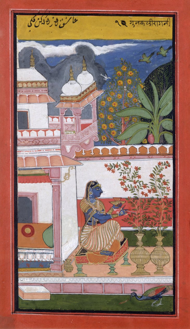Saksıdan çiçek toplayan bir bayan, Bundi, Rajasthan, Rajput Okulu, c.1680. by Indian School