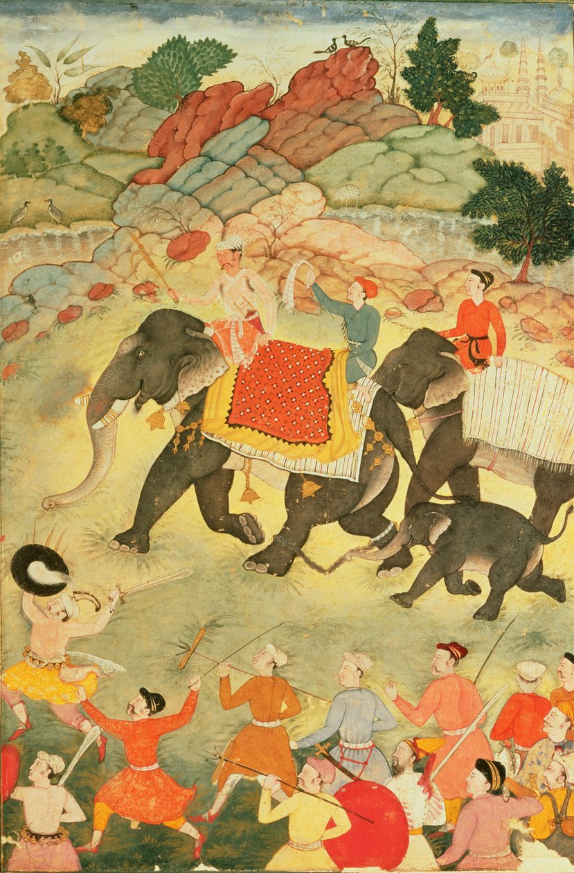 Bir grup fil avcısı, Babür, c.1615, (kağıt üzerinde öfke) by Indian School