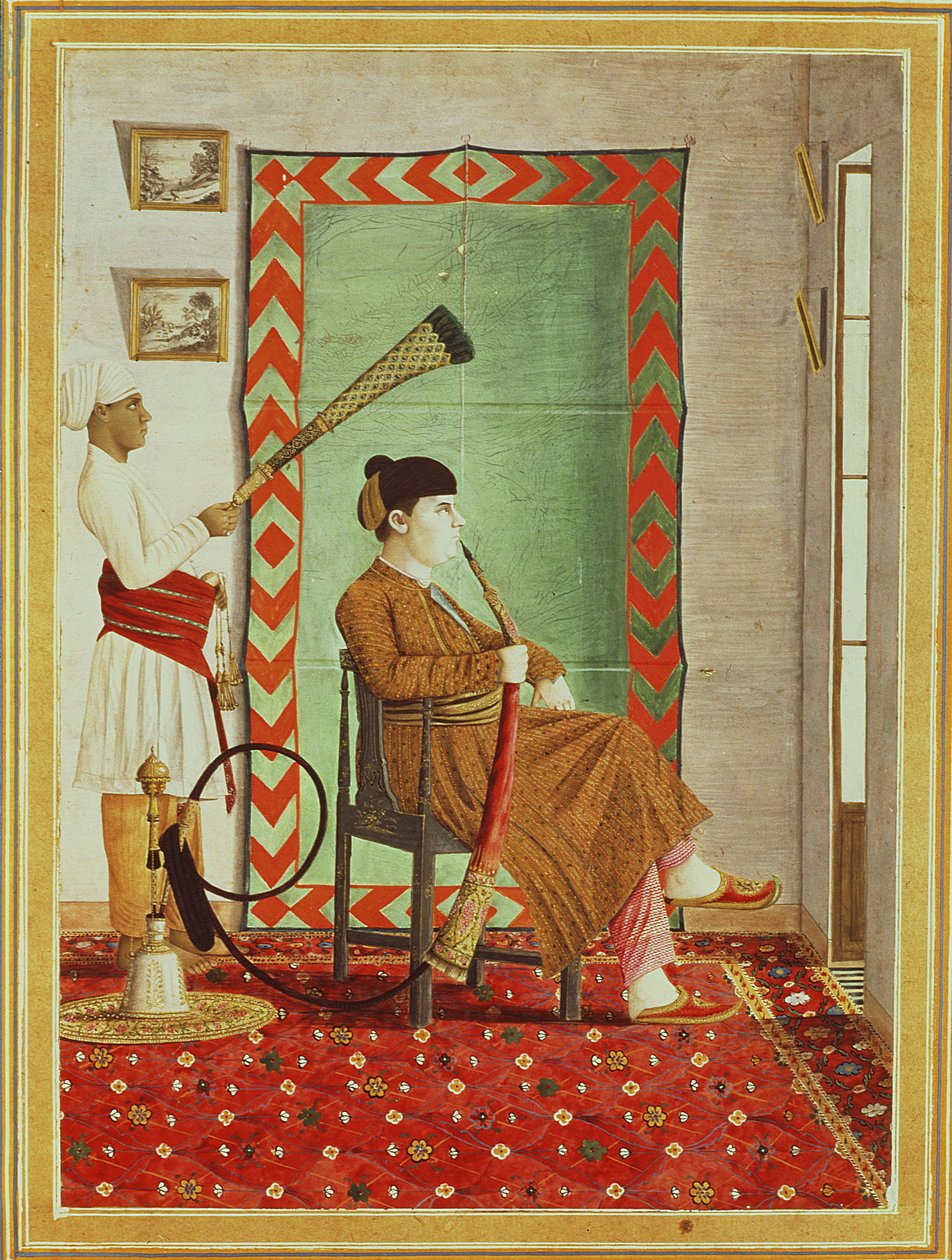 Açık bir pencerenin önünde oturmuş, nargile içen Hint elbiseli Avrupalı bir beyefendinin portresi, Lucknow, Şirket Okulu by Indian School