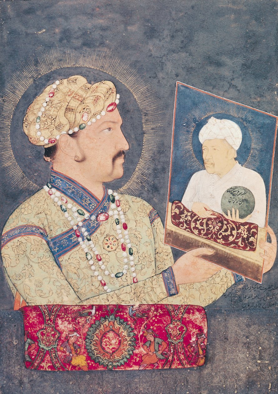 Emperor Jahangir (1569-1627) holding a portrait of Emperor Akbar (1542-1605)  by Indian School