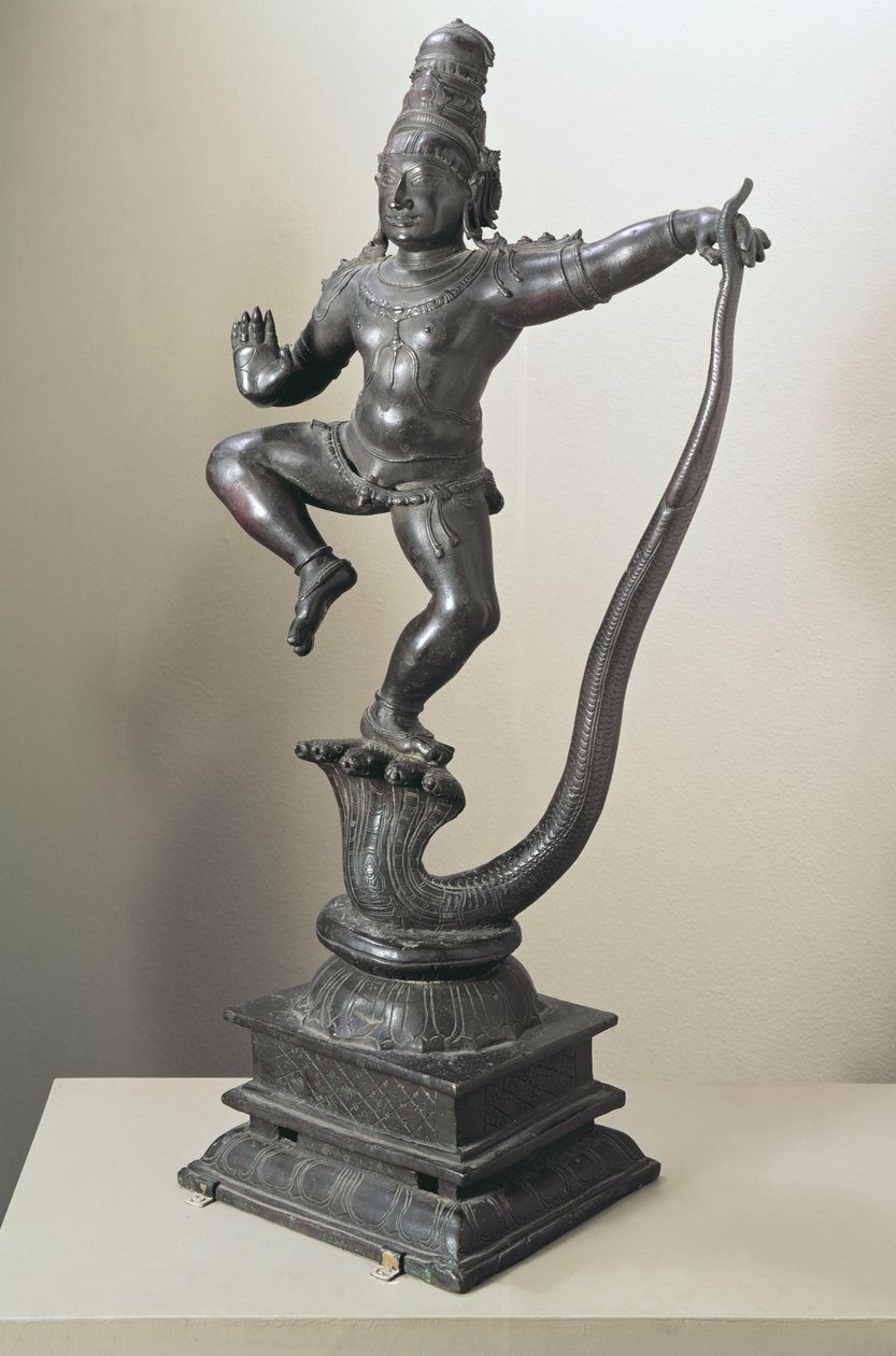 Yılanı boyun eğdiren bir çocuk olarak Krishna Kalilya, Madras, 16.-17. yüzyıl (bronz) by Indian School