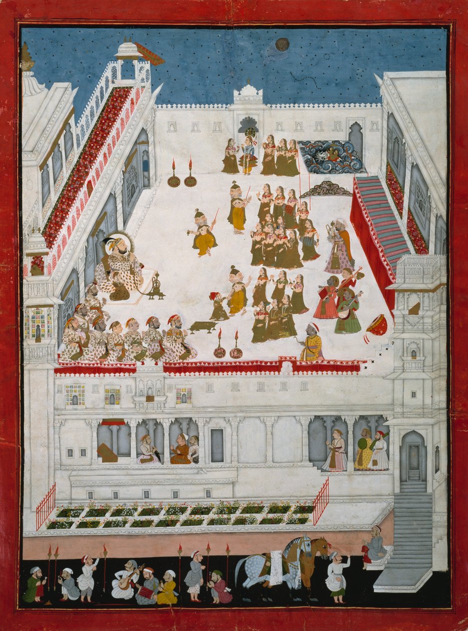 Maharana Jagat Singh II ve Raslila Dans Dramalarını İzleyen Soylular, c.1736-40 (kağıt üzerinde opak wc ve altın rengi) by Indian School