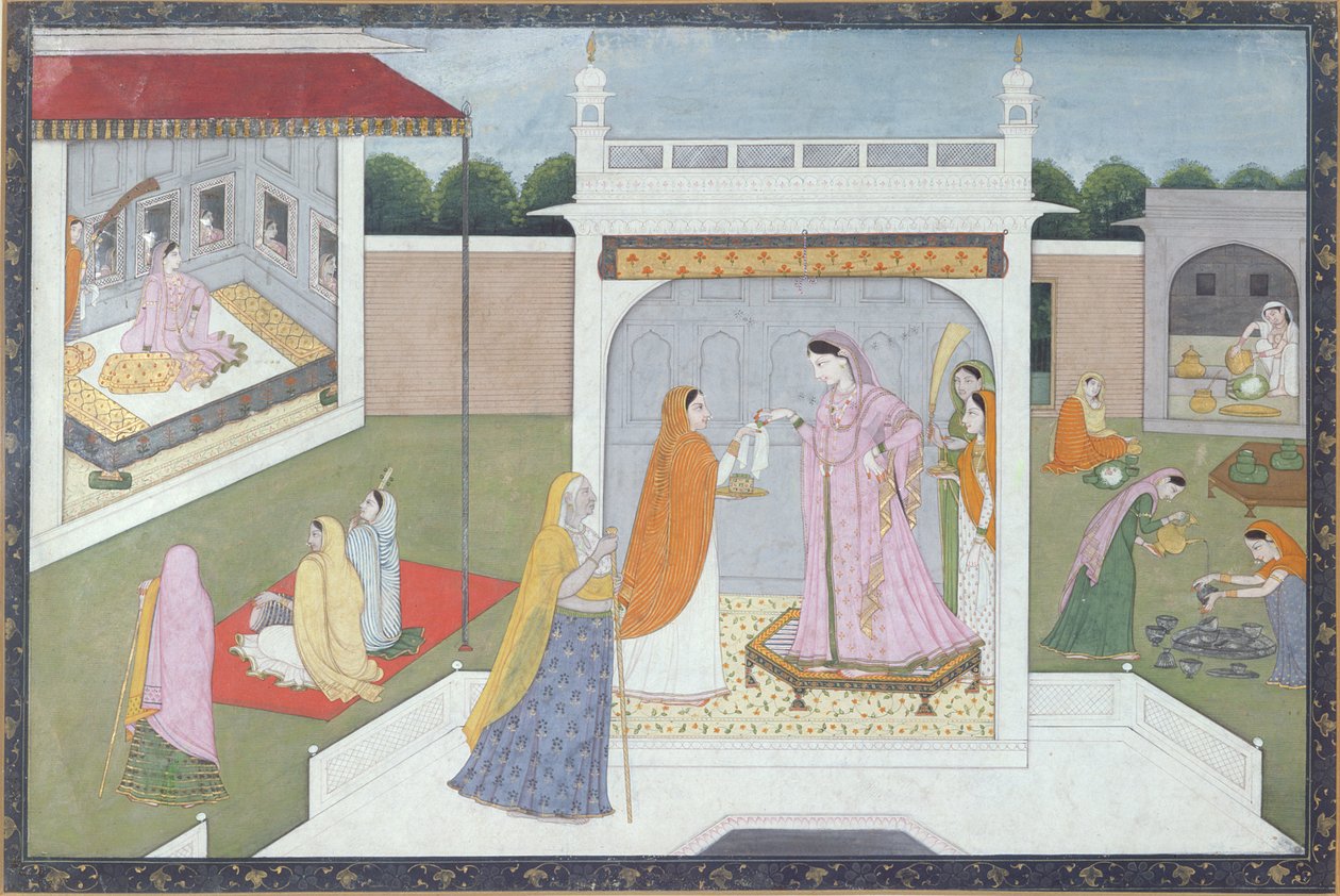 Hizmetçileriyle birlikte Saray Hanımı, Kangra, c.1790 by Indian School