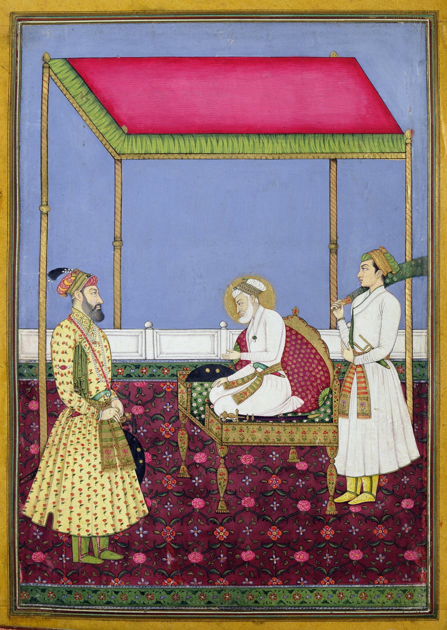 The Emperor Aurangzeb in old age seated on a throne, miniature from a Muraqqa album, early eighteenth century (gouache und gold leaf on paper) by Indian School