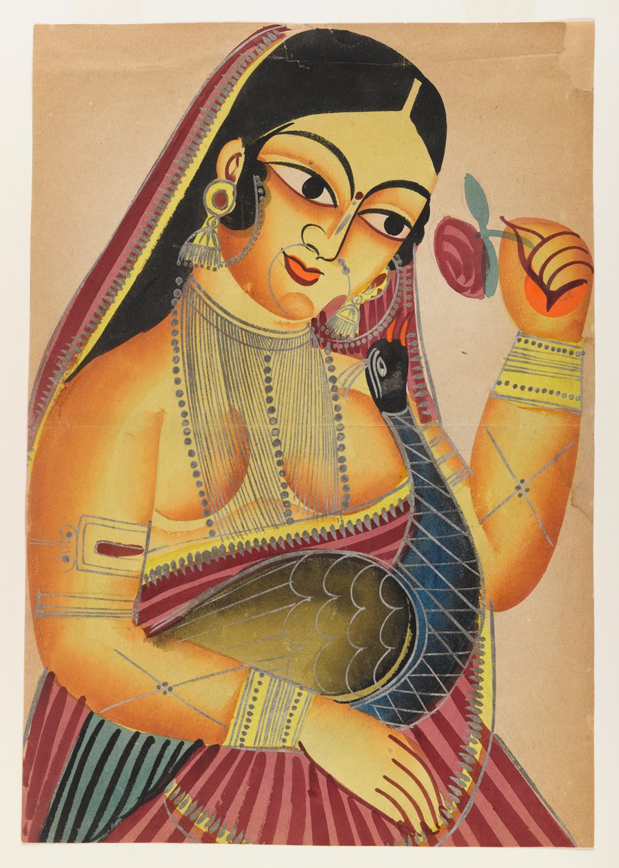 Gül ve Tavus Kuşlu Tanrıça Lakshmi, 19. yüzyılın sonu - 20. yüzyılın başı (cilalı teneke desenli kağıt üzerinde wc) by Indian School