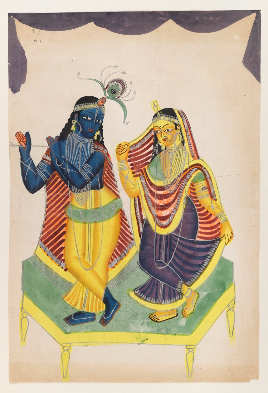 Krishna ve Radha, 19. yüzyıl sonu - 20. yüzyıl başı (cilalı kalay desenli kağıt üzerinde wc) by Indian School