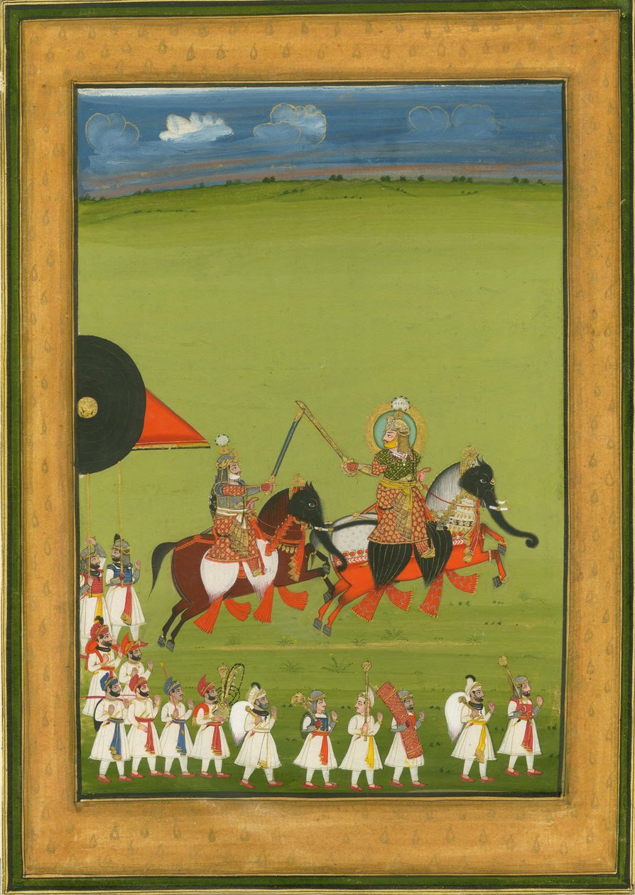 Rajah ve oğul, fil kılığına girmiş atlar ve hizmetçi süiti, c. 1810 by Indian Art