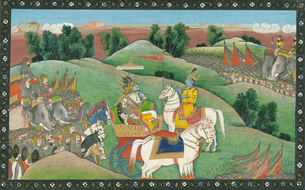 Lord Krishna ve Arjuna arasındaki diyalog, c. 1830 by Indian Art