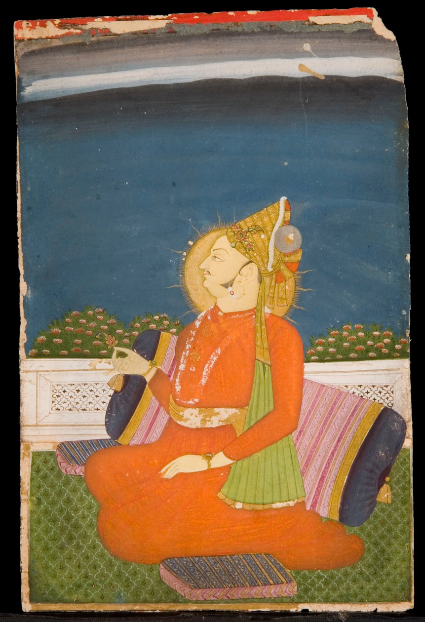 Mücevherli Bir Devlet Adamı, Tüylü Sarık Takmış, Lotus Tomurcuğu Tutan, Bir Terasta Oturan by Indian School