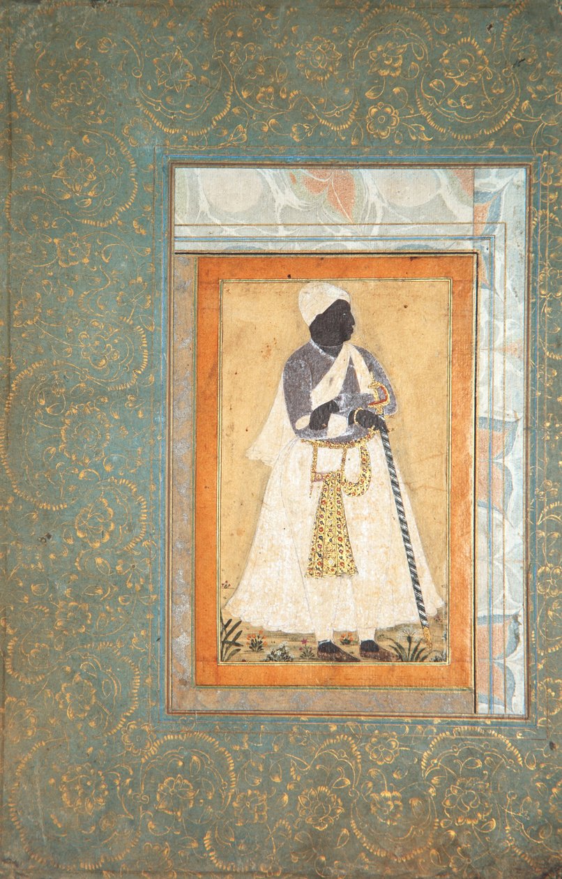 Bir Siyah Adam Uzun Asaya Yaslanıyor, c.1682 (kağıt üzerinde opak wc ve altın rengi) by Indian School