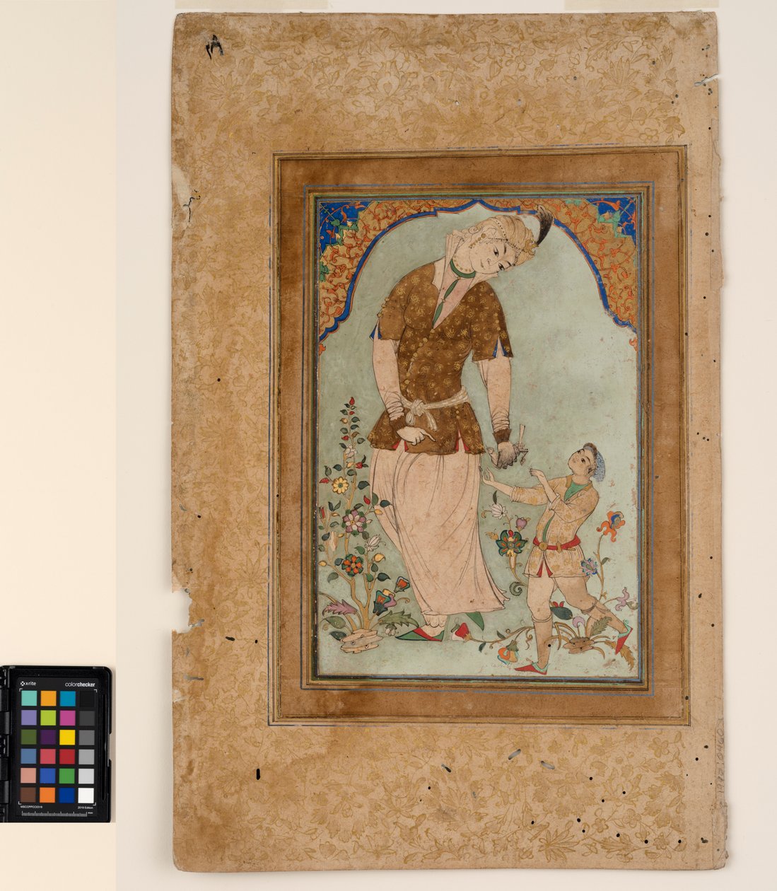Bir Falconer, Bir Sayfadan Avını Kabul Ediyor, c.1580 (kağıt üzerine opak sulu boya ve altın, bir albüm sayfasına monte edilmiş) by Indian School