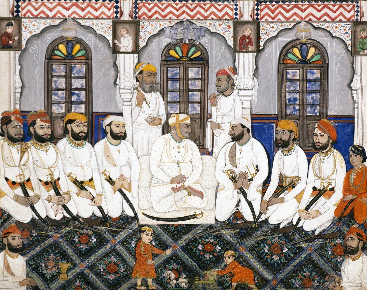 Durbar'da ibadet için giyinmiş bir Jaipur raja, c.1845 (kağıt üzerinde opak wc ve altın) by Indian School