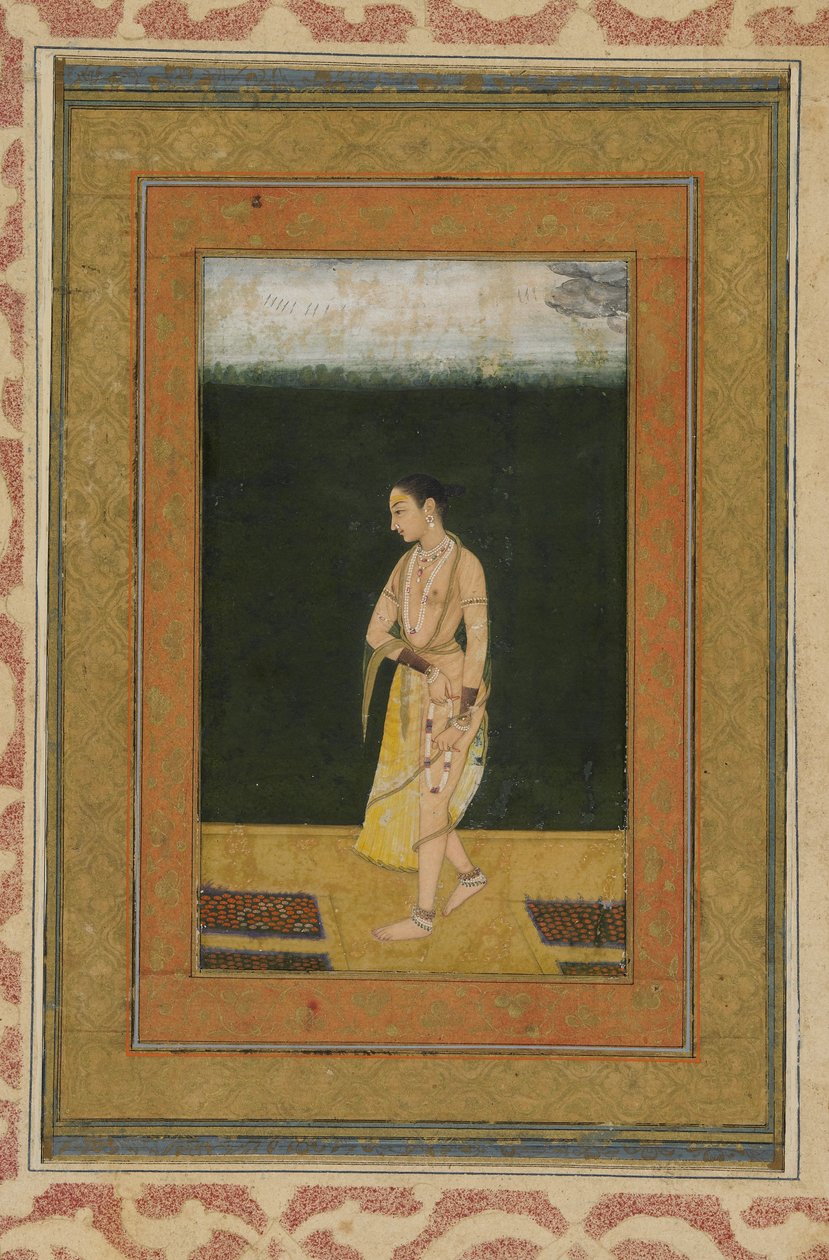 Bahçede Yürüyen Bir Hanım, Resimli Albüm folyosu, c.1730 by Indian School