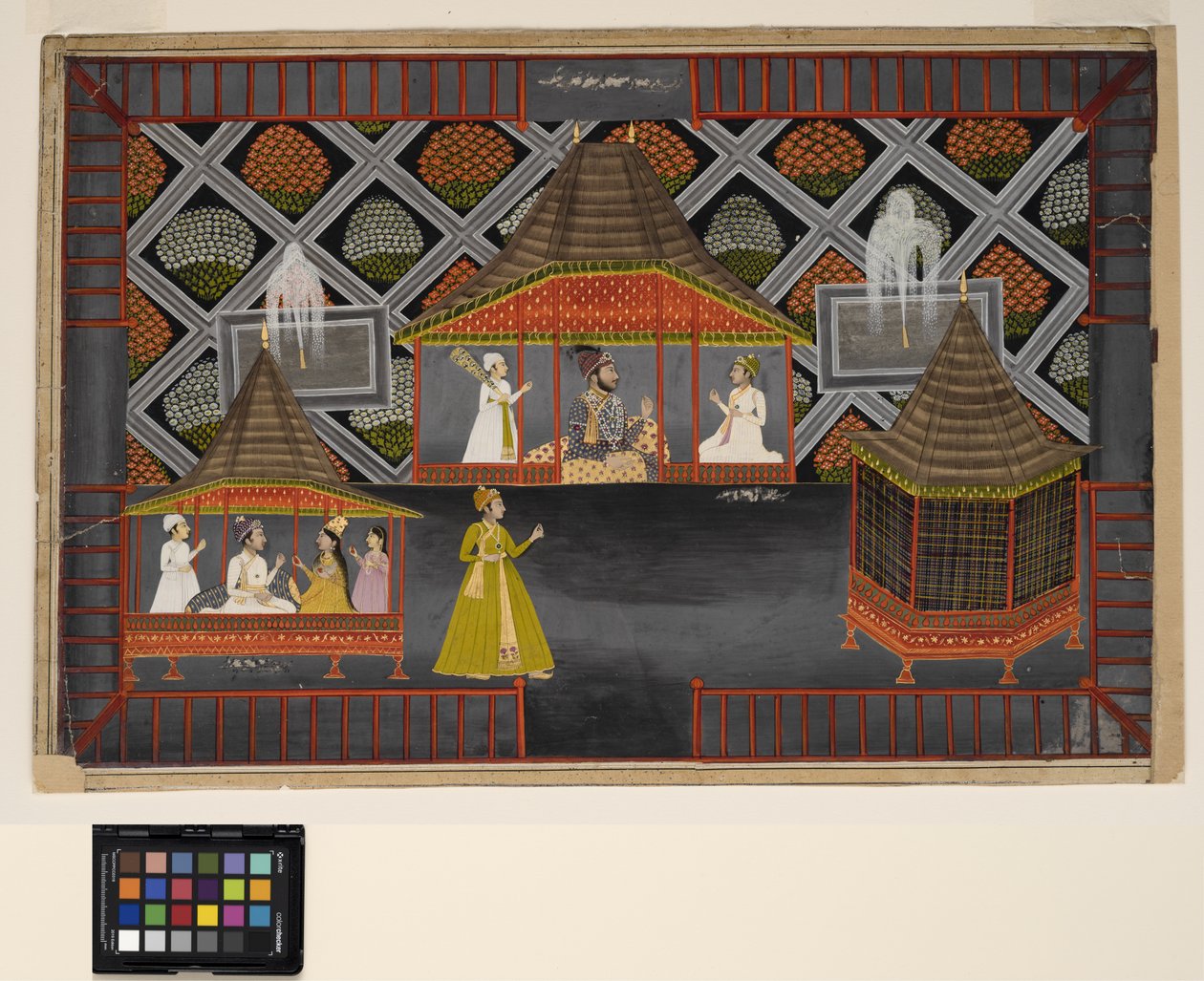 Bir bahçe köşkünde bir Nawab ve oğulları, c.1770 (kağıt üzerinde opak w/c, gümüş ve altın) by Indian School