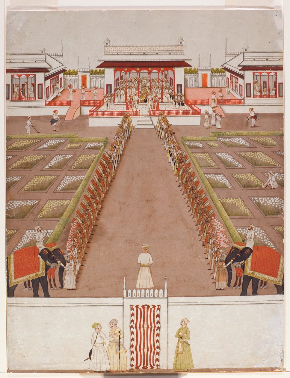Bir köşk içinde, hizmetlilerin ve iki filin bulunduğu bir caddenin ötesinde bir Nawab tutma alanı, c.1765 (kağıt üzerinde opak wc ve altın) by Indian School