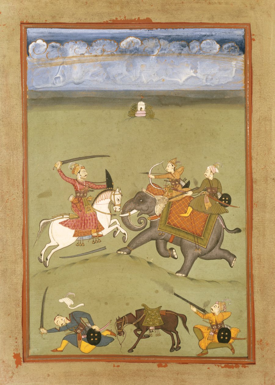 Bir Fil Üzerinde Düşmanlarıyla Savaşan Bir Prens, c.1710 by Indian School