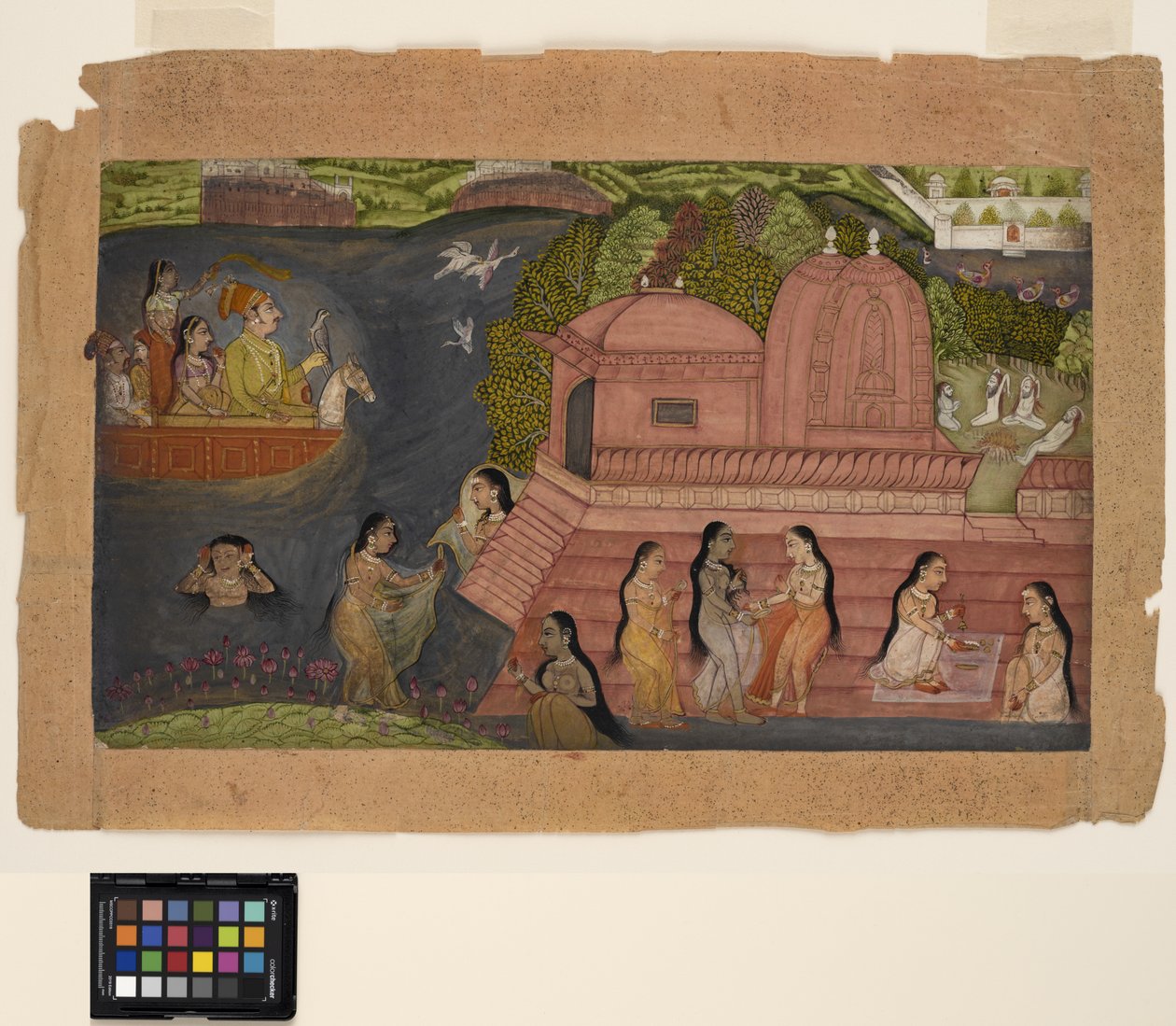Bir tekneden uçan bir Raja, bir tapınağın yanında yüzen güzelliklere rastlıyor, c.1695 (kağıt üzerinde opak suluboya ve altın rengi) by Indian School