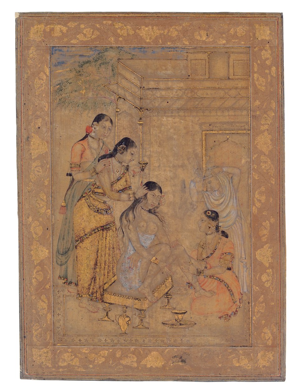 A Young Womans Toilette, 1675-1700 (kağıt üzerinde opak wc ve altın) by Indian School