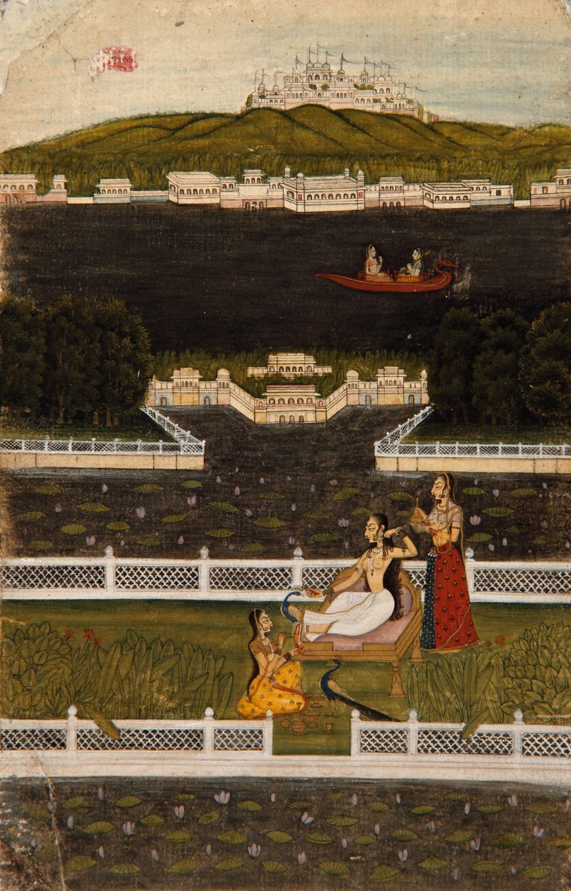 Göl terasında güzel bir kadın, c.1770 (kağıt üzerinde opak wc ve altın rengi) by Indian School