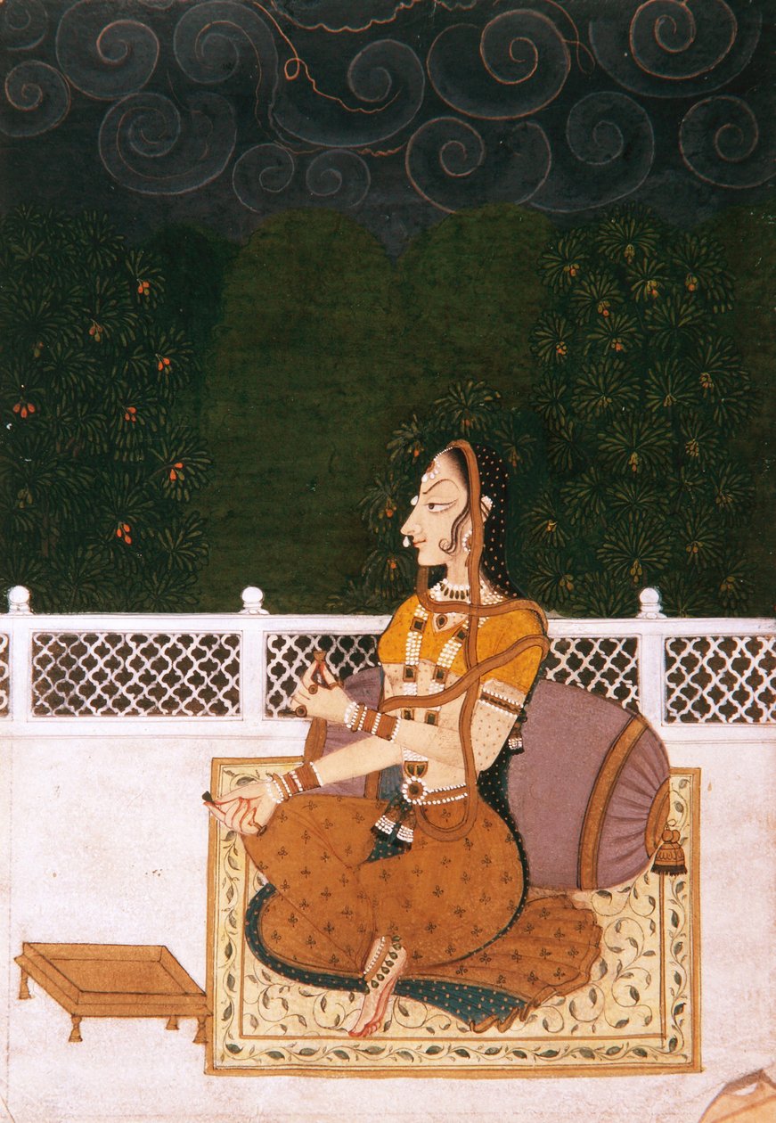 Bir desteğin yanında oturan güzel bir kadın, c.1775 (kağıt üzerinde opak wc ve altın rengi) by Indian School