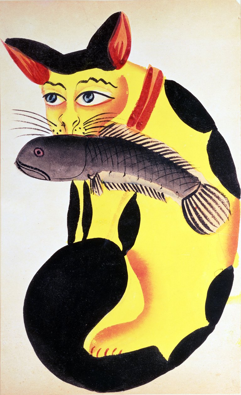 Rudyard Kipling koleksiyonundan ağzında balık olan bir kedi, Kalküta, c.1890 (kağıt üzerinde wc) by Indian School