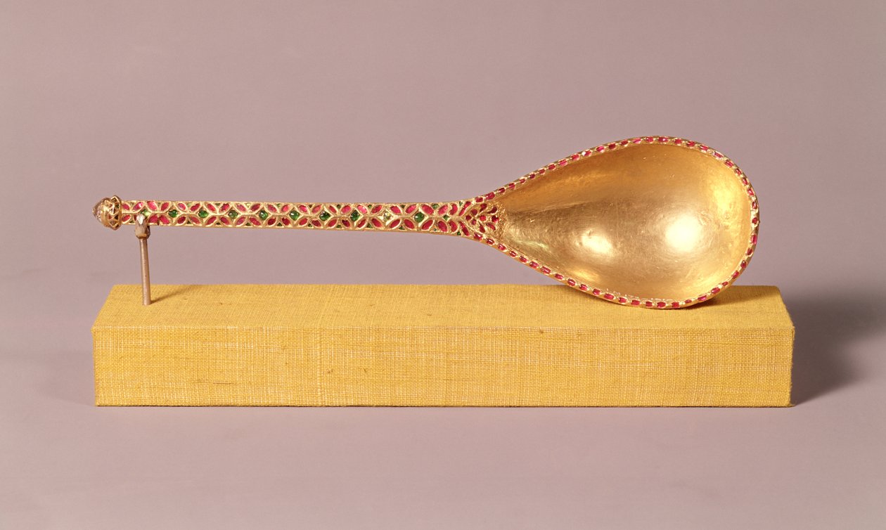 Yakut, zümrüt ve elmasla süslenmiş tören kaşığı, Babür (altın ve değerli taşlar) by Indian School
