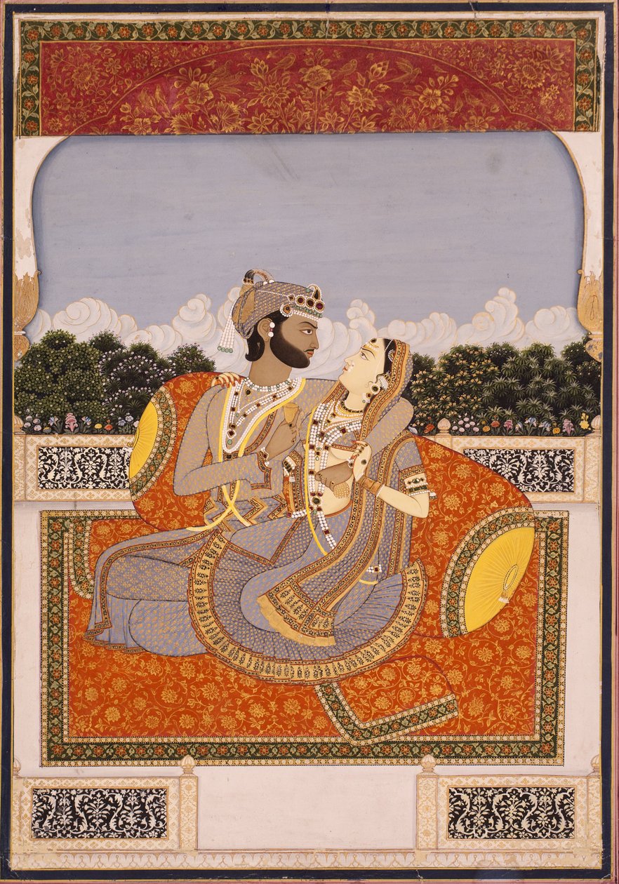 Bir terasta bir çift kucaklaşması, 1835 civarı (opak klozet, lake, altın ve kağıt üzerine cam) by Indian School