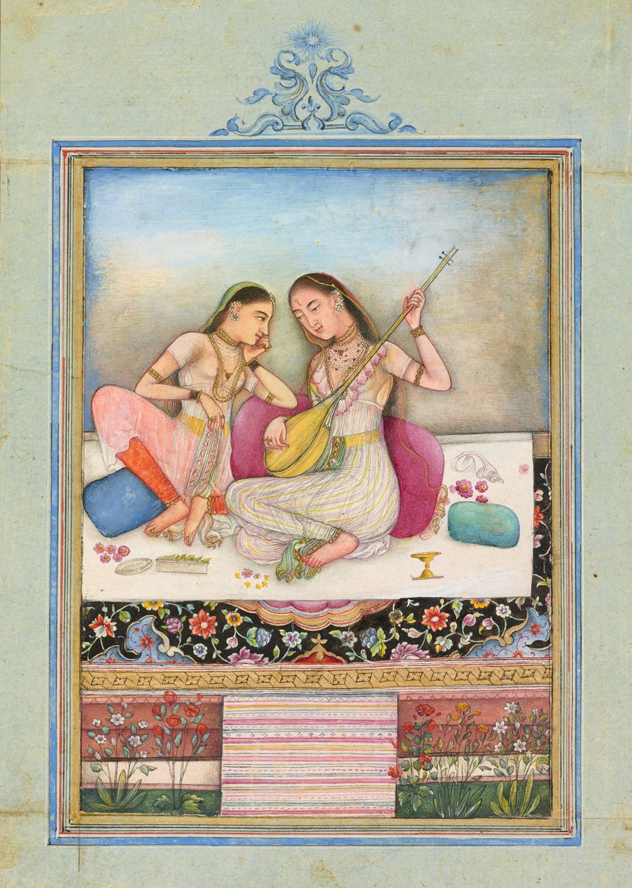 Arkadaşı dinlerken tambur çalan bir kız, c.1660 by Indian School